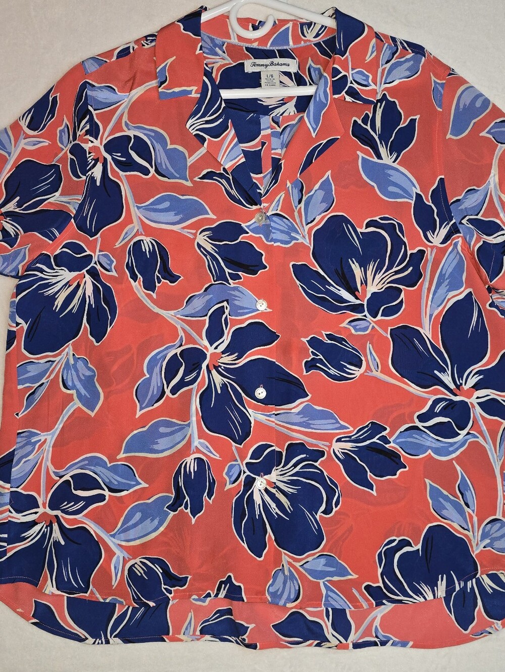 Women's Tommy Bahama Coral & Navy Tropical Print Shirt Large 100% Silk